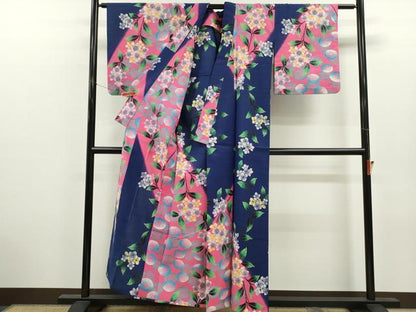 平和屋着物∴夏物　訪問着・浴衣兼用　絵羽浴衣　注染　紫陽花　手縫い　綿　逸品　CABK6583ze
