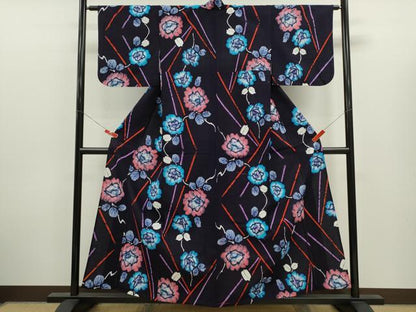 平和屋着物∴夏物　浴衣　注染　枝花文　手縫い　綿　逸品　CABK6588ze