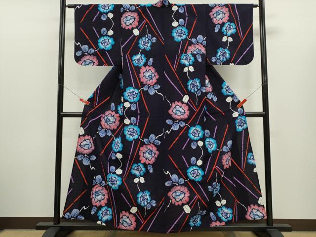 平和屋着物∴夏物　浴衣　注染　枝花文　手縫い　綿　逸品　CABK6588ze