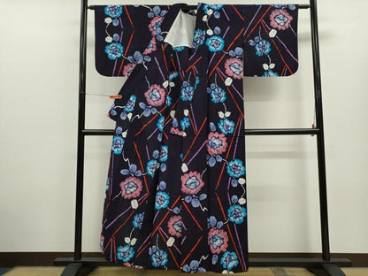平和屋着物∴夏物　浴衣　注染　枝花文　手縫い　綿　逸品　CABK6588ze