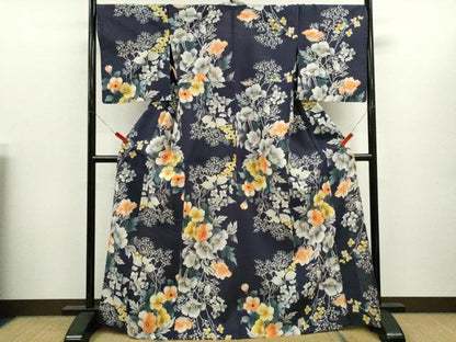 平和屋着物∴夏物　浴衣　注染　枝花文　手縫い　綿　逸品　CABK6596ze