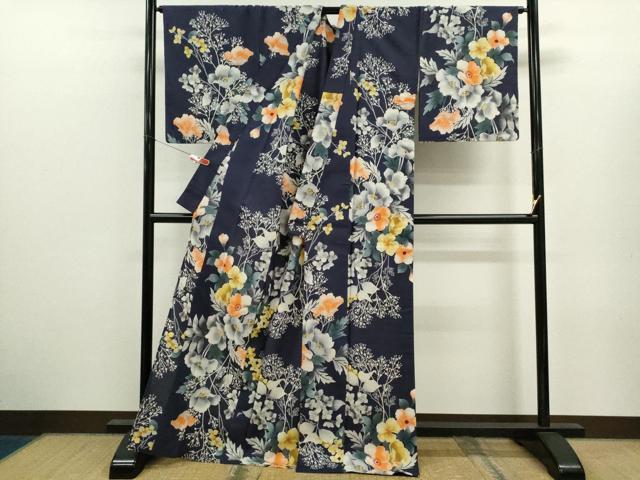 平和屋着物∴夏物　浴衣　注染　枝花文　手縫い　綿　逸品　CABK6596ze
