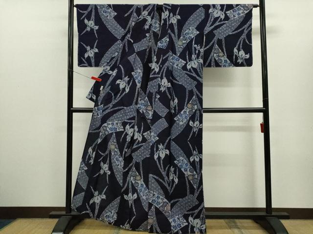 平和屋着物∴夏物　浴衣　注染　短冊燕子花　綿　逸品　未使用　CABK6597ze