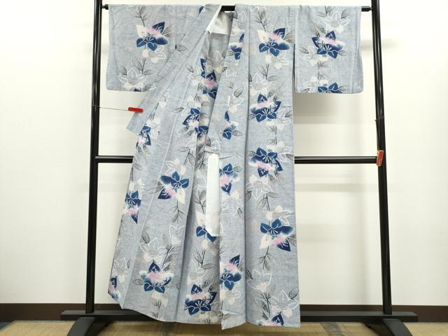 平和屋着物∴夏物　浴衣　注染　枝花文　手縫い　綿　逸品　CABK6602ze