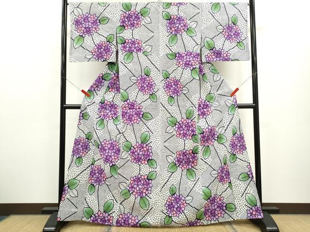 平和屋着物∴夏物　浴衣　注染　紫陽花　手縫い　綿　逸品　CABK6605ze
