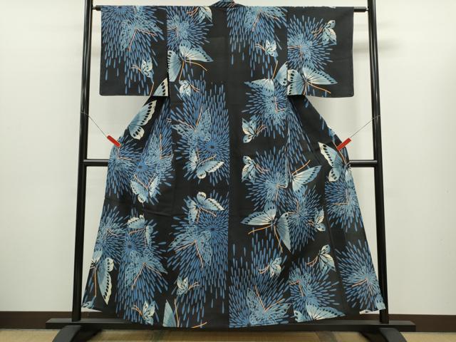 平和屋着物∴夏物　浴衣　注染　花火　舞蝶文　手縫い　綿　逸品　CABK6606ze