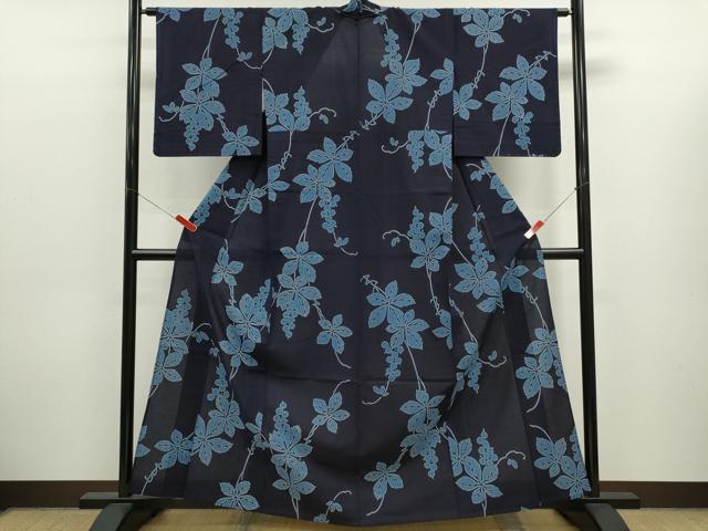 平和屋着物∴夏物　浴衣　注染　葡萄蔦の葉文　手縫い　綿　逸品　CABK6609ze