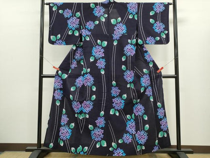 平和屋着物∴夏物　浴衣　注染　紫陽花　手縫い　綿　逸品　CABK6615ze