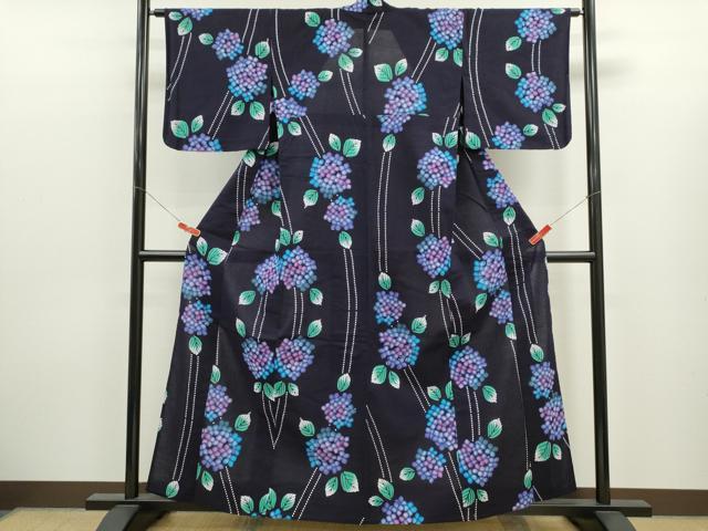 平和屋着物∴夏物　浴衣　注染　紫陽花　手縫い　綿　逸品　CABK6615ze