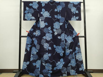 平和屋着物∴夏物　浴衣　注染　紫陽花　手縫い　綿　逸品　CABK6625ze