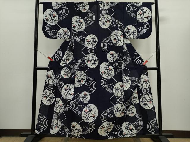 平和屋着物∴夏物　浴衣　注染　うちわ　立波燕子花　手縫い　綿　逸品　CABK6639ze