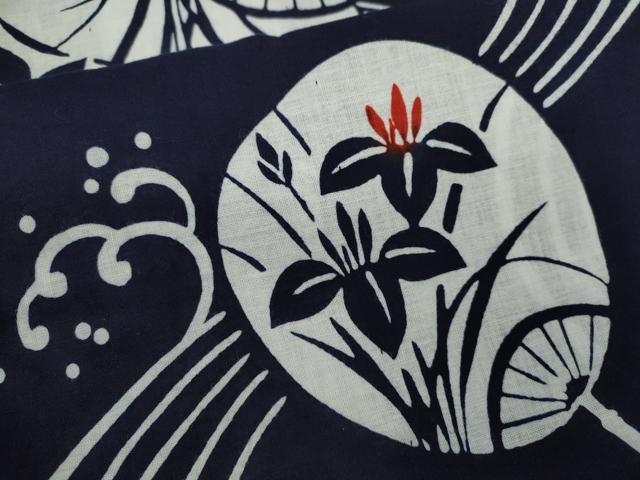 平和屋着物∴夏物　浴衣　注染　うちわ　立波燕子花　手縫い　綿　逸品　CABK6639ze