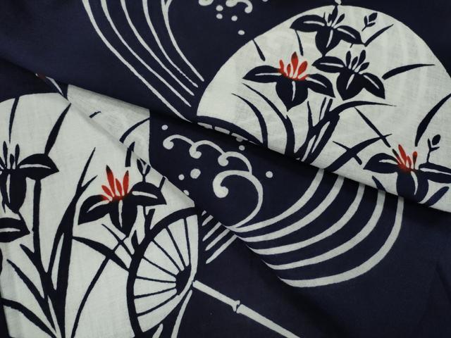 平和屋着物∴夏物　浴衣　注染　うちわ　立波燕子花　手縫い　綿　逸品　CABK6639ze