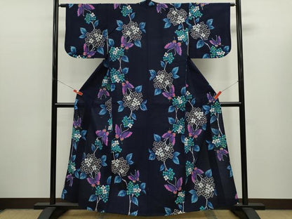 平和屋着物∴夏物　浴衣　注染　紫陽花舞蝶文　手縫い　綿　逸品　CABK6640ze