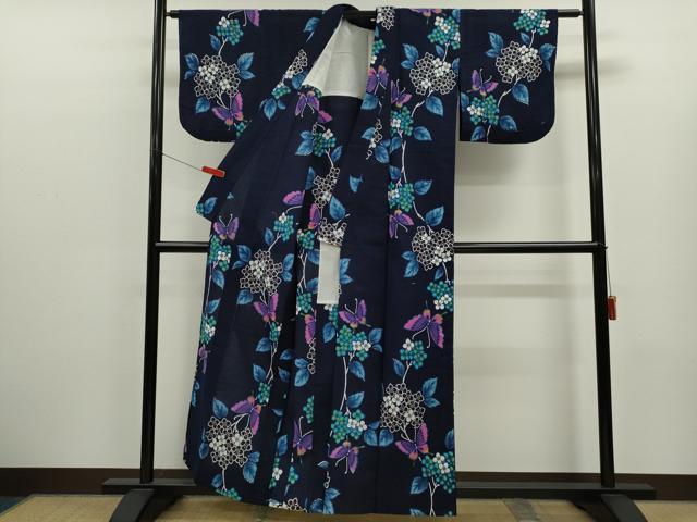 平和屋着物∴夏物　浴衣　注染　紫陽花舞蝶文　手縫い　綿　逸品　CABK6640ze