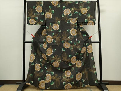 平和屋着物∴夏物　浴衣　注染　向日葵舞蝶文　金彩　手縫い　綿　逸品　CABK6641ze