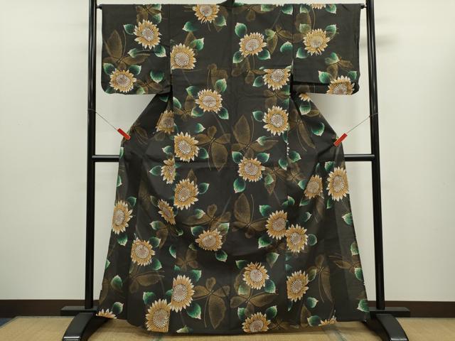平和屋着物∴夏物　浴衣　注染　向日葵舞蝶文　金彩　手縫い　綿　逸品　CABK6641ze