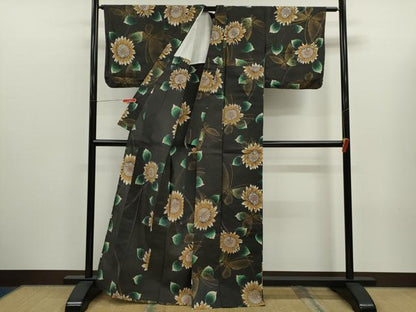 平和屋着物∴夏物　浴衣　注染　向日葵舞蝶文　金彩　手縫い　綿　逸品　CABK6641ze
