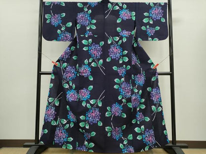 平和屋着物∴夏物　浴衣　注染　紫陽花　手縫い　綿　逸品　CABK6642ze