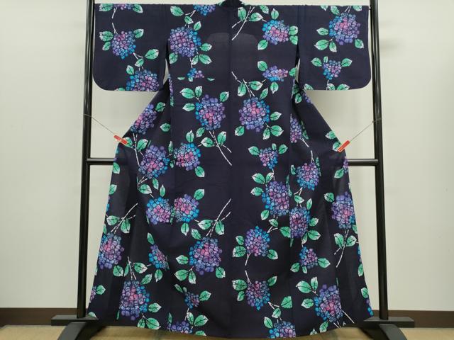 平和屋着物∴夏物　浴衣　注染　紫陽花　手縫い　綿　逸品　CABK6642ze
