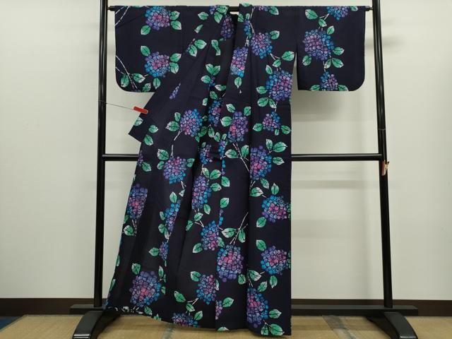 平和屋着物∴夏物　浴衣　注染　紫陽花　手縫い　綿　逸品　CABK6642ze