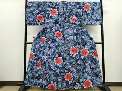 平和屋着物∴夏物　浴衣　注染　草花文　手縫い　綿　逸品　CABK6644ze