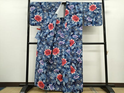 平和屋着物∴夏物　浴衣　注染　草花文　手縫い　綿　逸品　CABK6644ze
