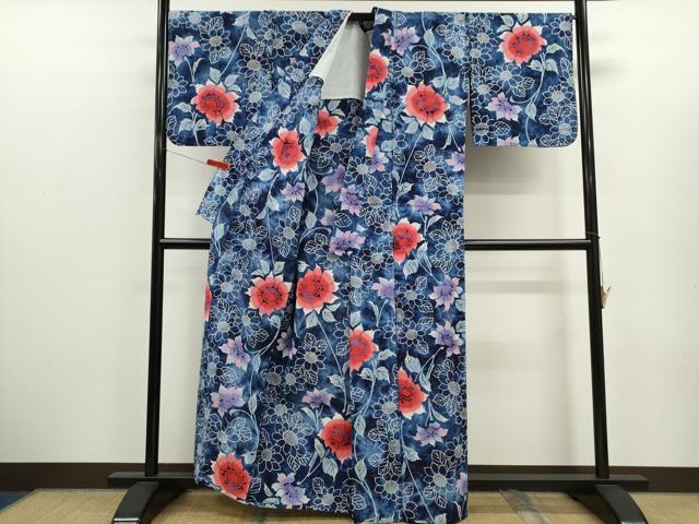平和屋着物∴夏物　浴衣　注染　草花文　手縫い　綿　逸品　CABK6644ze