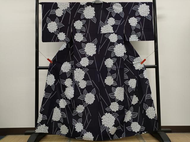 平和屋着物∴夏物　浴衣　注染　紫陽花　手縫い　綿　逸品　CABK6646ze