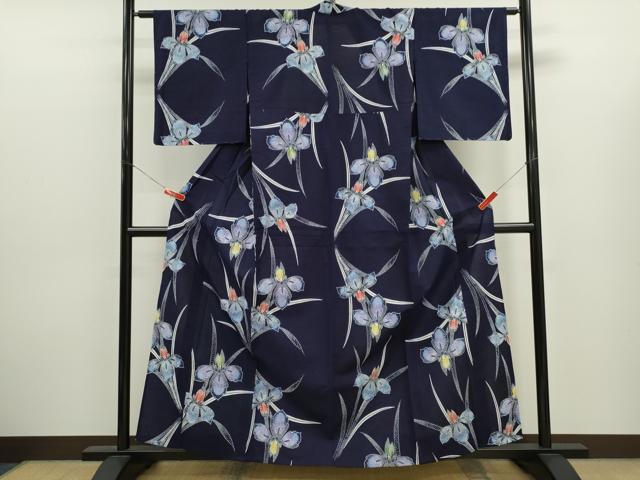 平和屋着物∴夏物　浴衣　注染　燕子花　手縫い　綿　逸品　未使用　CABK6650ze