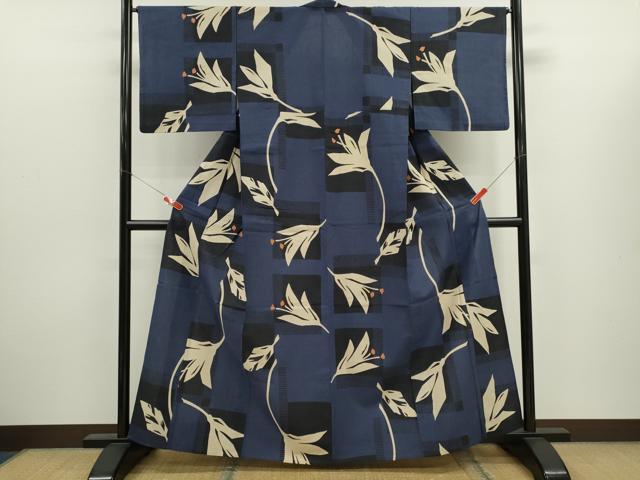 平和屋着物∴夏物　浴衣　注染　舞花文　手縫い　綿　逸品　CABK6652ze