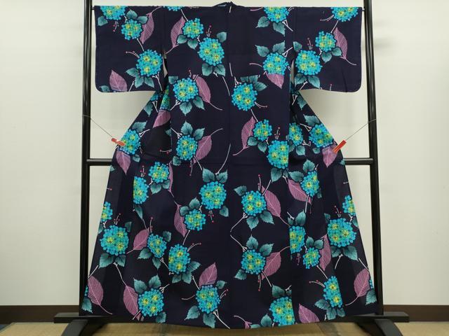 平和屋着物∴夏物　浴衣　注染　紫陽花　綿　逸品　未使用　CABK6658ze