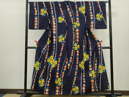 平和屋着物∴夏物　浴衣　注染　草花文　手縫い　綿　逸品　CABK6730ze