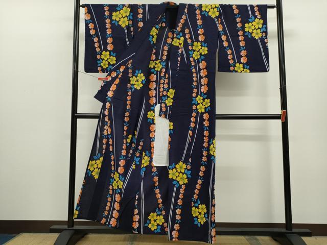 平和屋着物∴夏物　浴衣　注染　草花文　手縫い　綿　逸品　CABK6730ze