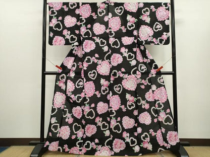 平和屋着物∴夏物　浴衣　ハート　草花文　ラメ　黒地　綿　逸品　CABK6734ze