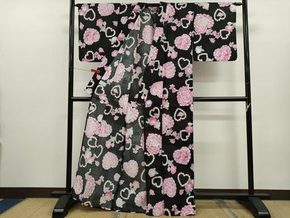 平和屋着物∴夏物　浴衣　ハート　草花文　ラメ　黒地　綿　逸品　CABK6734ze