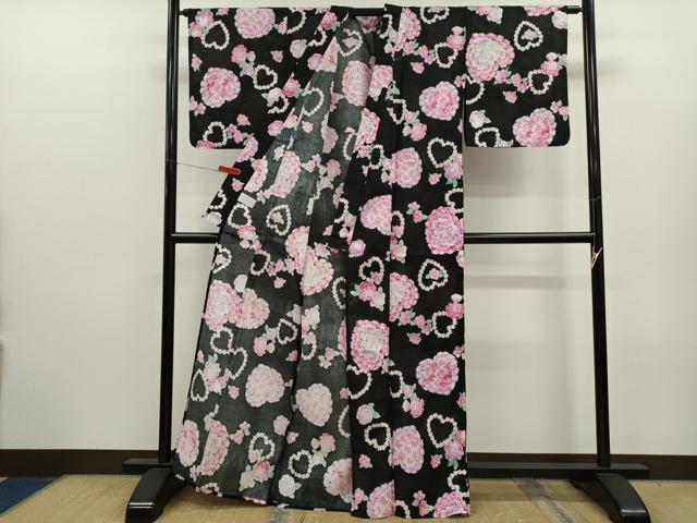 平和屋着物∴夏物　浴衣　ハート　草花文　ラメ　黒地　綿　逸品　CABK6734ze