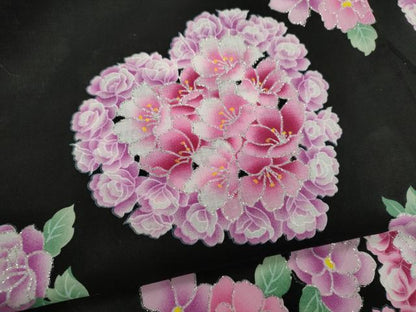 平和屋着物∴夏物　浴衣　ハート　草花文　ラメ　黒地　綿　逸品　CABK6734ze
