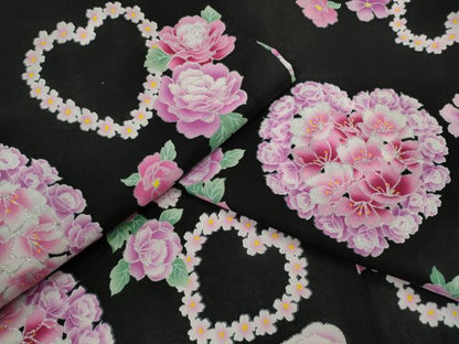 平和屋着物∴夏物　浴衣　ハート　草花文　ラメ　黒地　綿　逸品　CABK6734ze