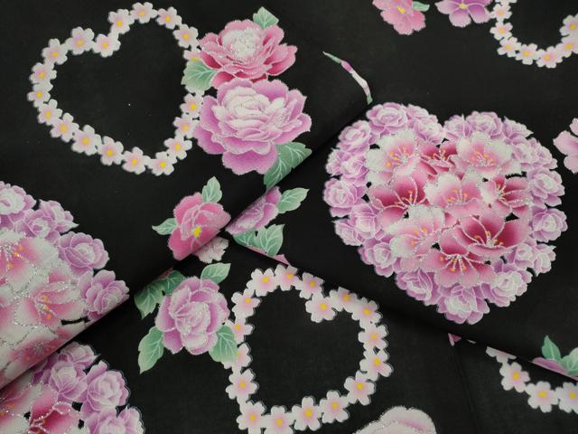 平和屋着物∴夏物　浴衣　ハート　草花文　ラメ　黒地　綿　逸品　CABK6734ze