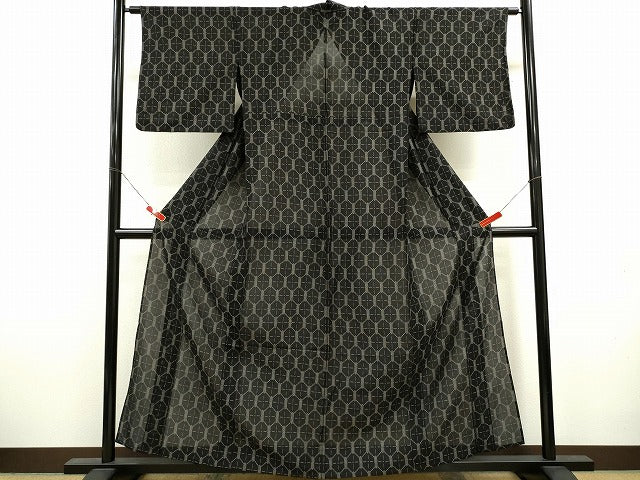 平和屋着物＊夏物　紗紬　亀甲文様　黒地　正絹　逸品　CABK6747ze
