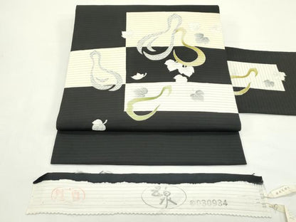 平和屋着物＊夏物　絽塩瀬　九寸名古屋帯　瓢箪　黒地　金彩　五泉　反端付き　正絹　逸品　CABK6811rv