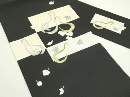 平和屋着物＊夏物　絽塩瀬　九寸名古屋帯　瓢箪　黒地　金彩　五泉　反端付き　正絹　逸品　CABK6811rv