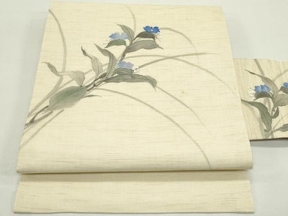 平和屋着物＊夏物　九寸名古屋帯　手描き　草花文　鈴乃屋扱い　麻　逸品　CABK6815rv