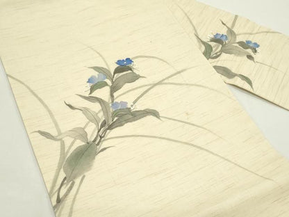 平和屋着物＊夏物　九寸名古屋帯　手描き　草花文　鈴乃屋扱い　麻　逸品　CABK6815rv