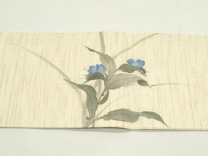 平和屋着物＊夏物　九寸名古屋帯　手描き　草花文　鈴乃屋扱い　麻　逸品　CABK6815rv