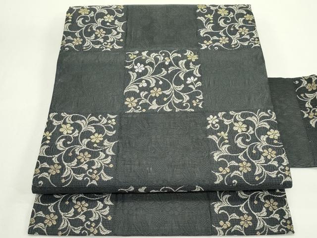平和屋着物＊夏物　九寸名古屋帯　市松花唐草文　金糸　正絹　逸品　CABK6817rv