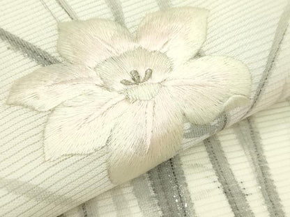平和屋着物＊夏物　九寸名古屋帯　作家物　手描き　刺繍　水仙　銀彩　正絹　逸品　CABK6832rv