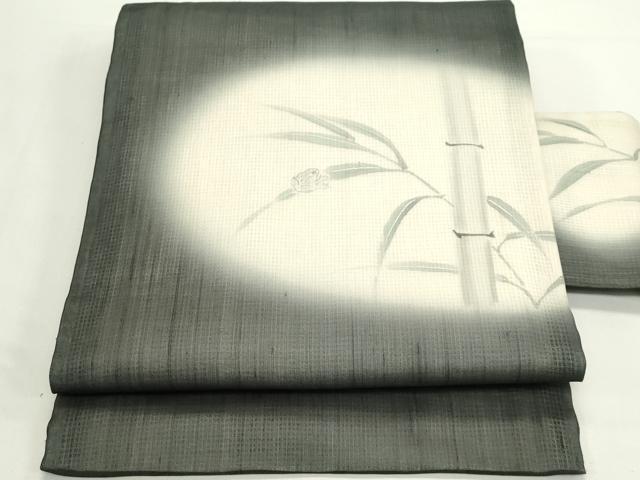 平和屋着物＊夏物　九寸名古屋帯　手描き　紬地　蛙　笹竹文　銀彩　正絹　逸品　CABK6835rv
