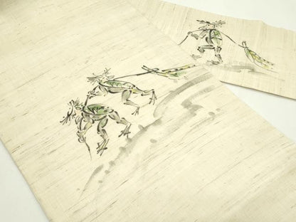 平和屋着物＊夏物　九寸名古屋帯　手描き　河童　麻　逸品　CABK6862rv